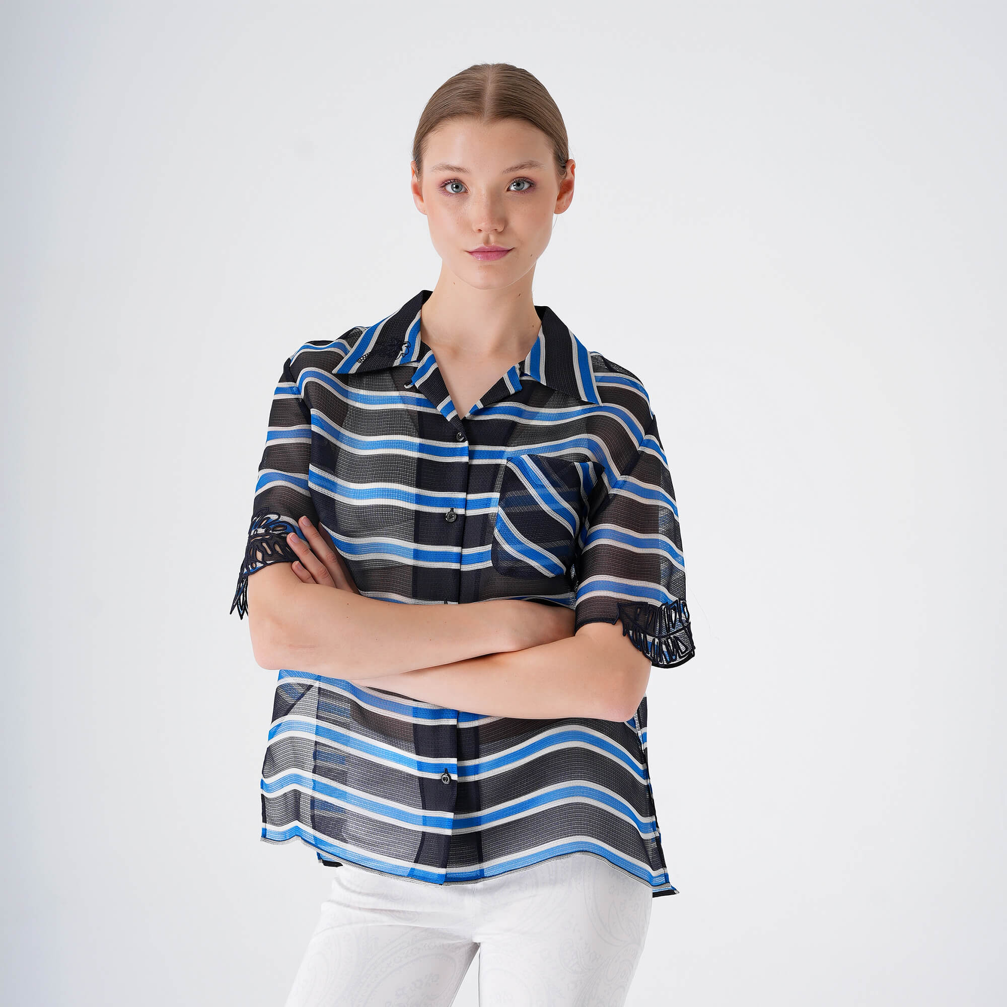 Fendi - Black&Blue&White Stripes Silk Short Sleeved Shirt